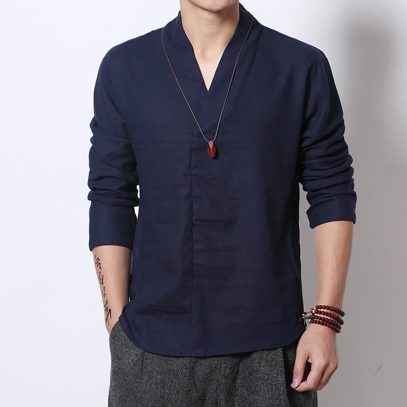Buddha Stonesカジュアル Vネック 長袖シャツ リネン メンズ 服 - スティールブルー - US/UK/AU46、 EU56 (5XL) - image 8