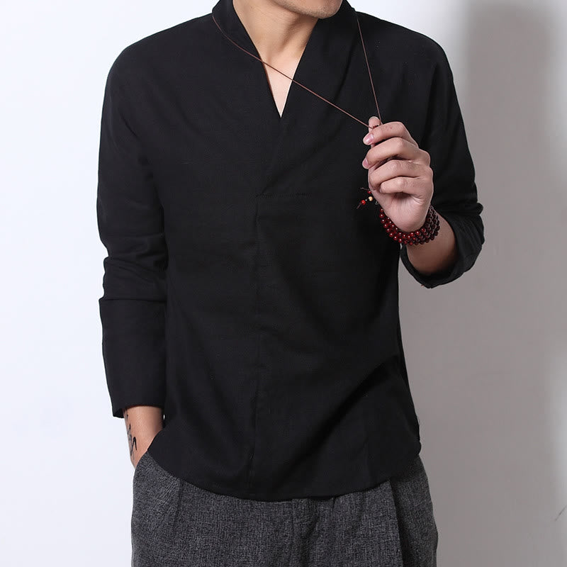 Buddha Stonesカジュアル Vネック 長袖シャツ リネン メンズ 服 - image 7