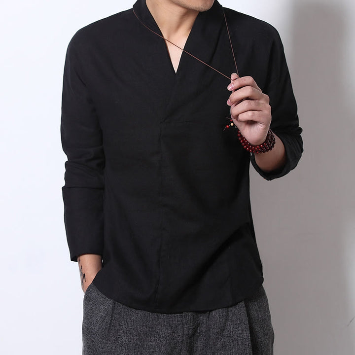 Buddha Stonesカジュアル Vネック 長袖シャツ リネン メンズ 服 - image 7