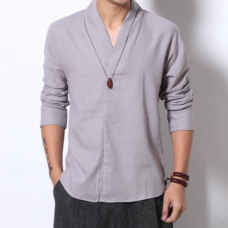 Buddha Stonesカジュアル Vネック 長袖シャツ リネン メンズ 服 - image 2