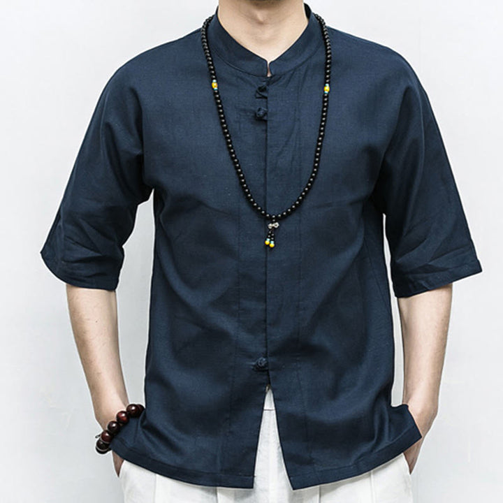 Buddha Stones中国風 カエルボタン 唐装 禅 半袖シャツ リネン メンズ 服 - image 4