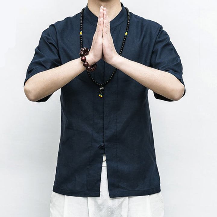 Buddha Stones中国風 カエルボタン 唐装 禅 半袖シャツ リネン メンズ 服 - image 2