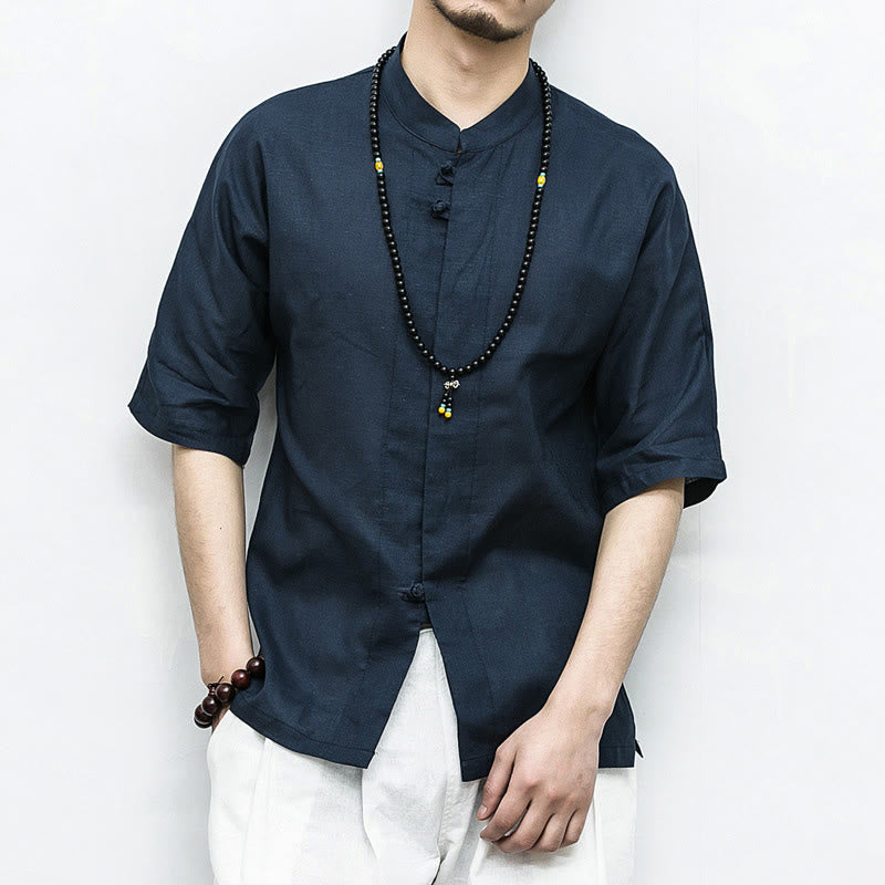 Buddha Stones中国風 カエルボタン 唐装 禅 半袖シャツ リネン メンズ 服 - スティールブルー - US/UK/AU46、 EU56 (5XL)  - image 0