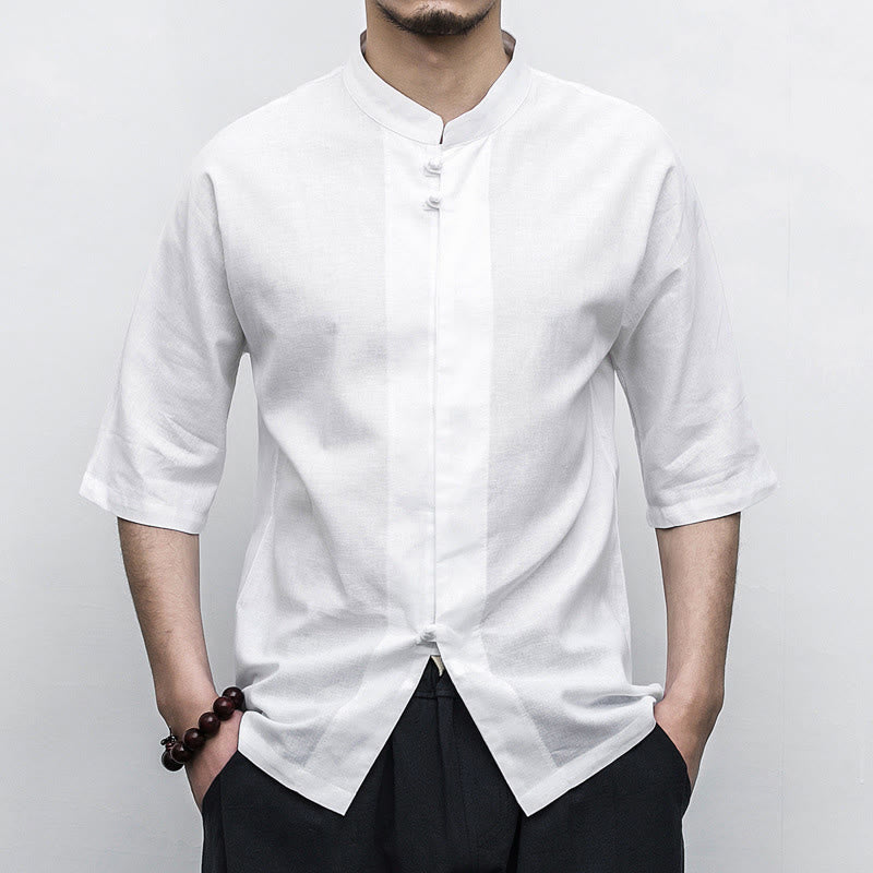 Buddha Stones中国風 カエルボタン 唐装 禅 半袖シャツ リネン メンズ 服 - 白 - US/UK/AU46、 EU56 (5XL)  - image 6