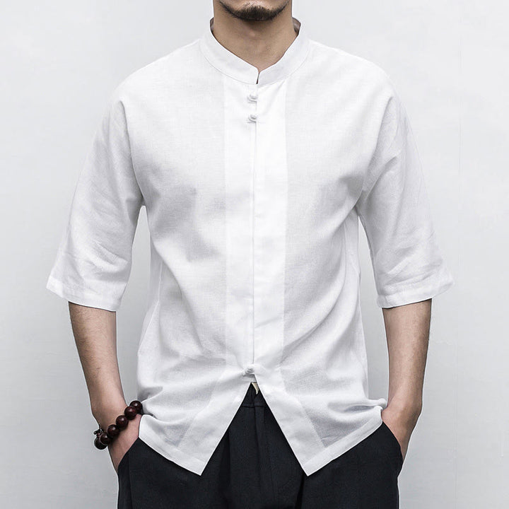 Buddha Stones中国風 カエルボタン 唐装 禅 半袖シャツ リネン メンズ 服 - 白 - US/UK/AU46、 EU56 (5XL)  - image 6