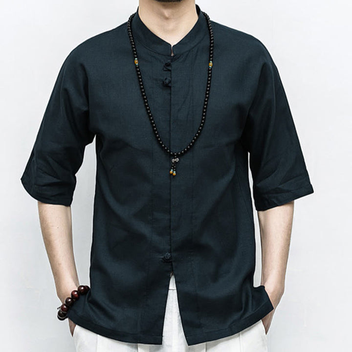 Buddha Stones中国風 カエルボタン 唐装 禅 半袖シャツ リネン メンズ 服 - 黒 - US/UK/AU46、 EU56 (5XL)  - image 12