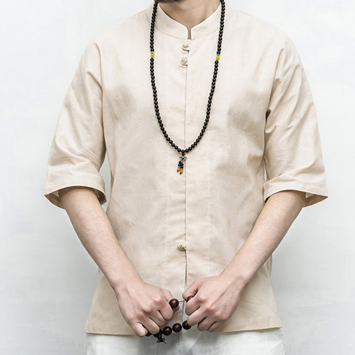 Buddha Stones中国風 カエルボタン 唐装 禅 半袖シャツ リネン メンズ 服 - image 18