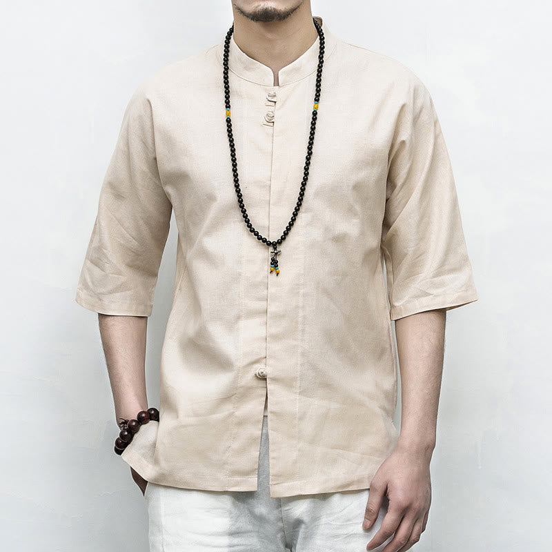 Buddha Stones中国風 カエルボタン 唐装 禅 半袖シャツ リネン メンズ 服 - リネン - US/UK/AU46、 EU56 (5XL)  - image 17