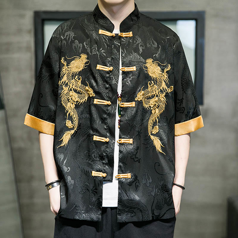 Buddha Stonesカエルボタン 中国龍刺繍 半袖シャツ リネン メンズ 服 - image 1