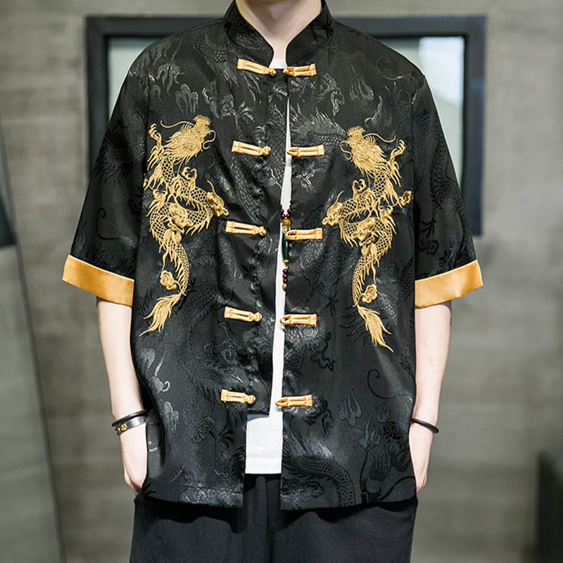 Buddha Stonesカエルボタン 中国龍刺繍 半袖シャツ リネン メンズ 服 - image 5