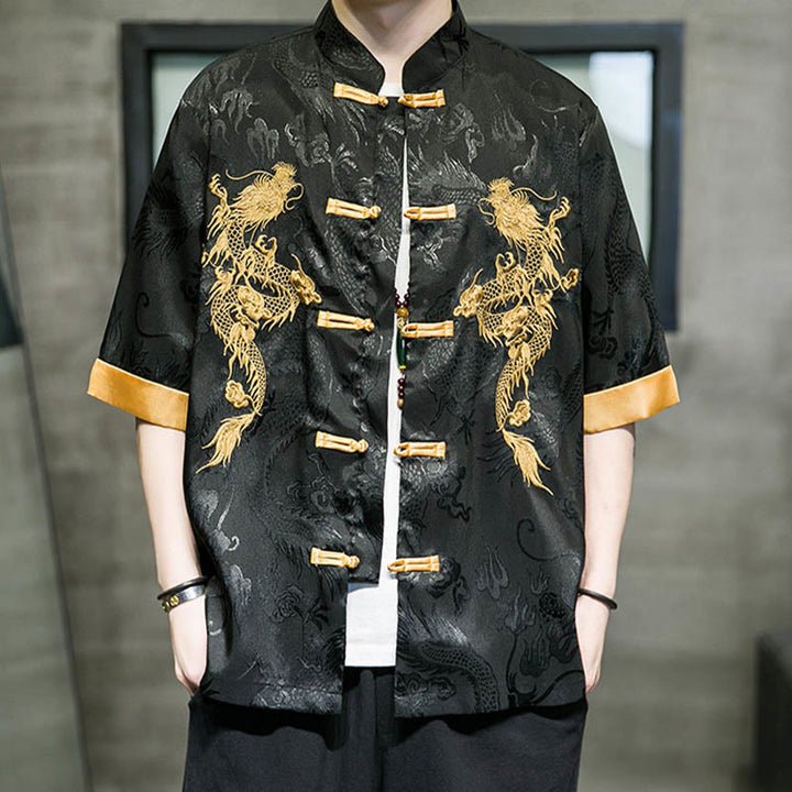 Buddha Stonesカエルボタン 中国龍刺繍 半袖シャツ リネン メンズ 服 - image 5