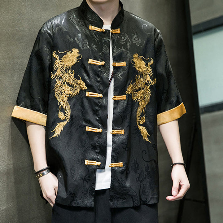 Buddha Stonesカエルボタン 中国龍刺繍 半袖シャツ リネン メンズ 服 - image 10