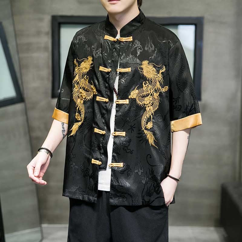 Buddha Stonesカエルボタン 中国龍刺繍 半袖シャツ リネン メンズ 服 - 黒 - US/UK/AU48、 EU58(5XL)  - image 0