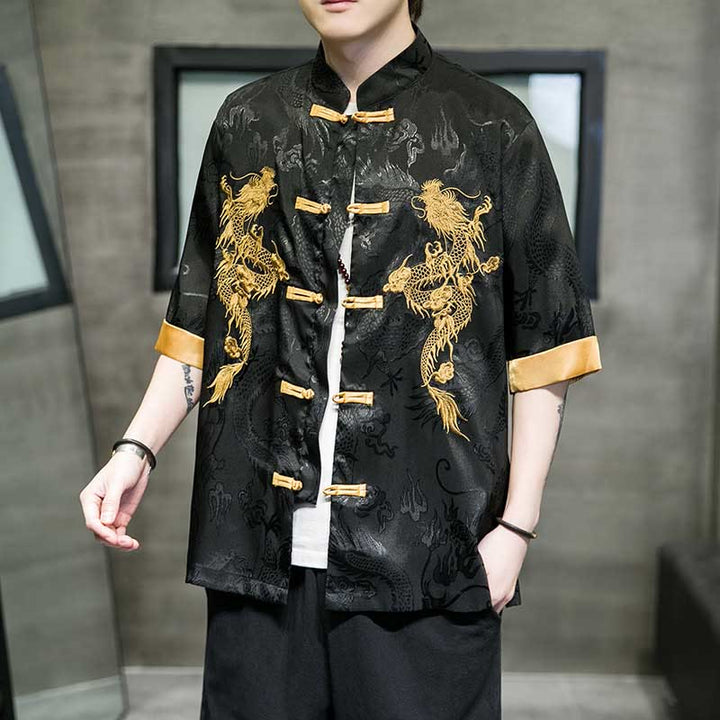 Buddha Stonesカエルボタン 中国龍刺繍 半袖シャツ リネン メンズ 服 - 黒 - US/UK/AU48、 EU58(5XL)  - image 0