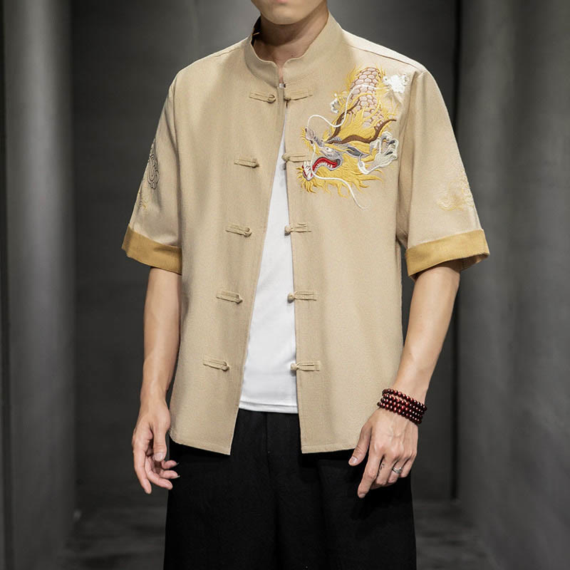 Buddha Stonesカエルボタン 中国龍 吉兆 雲 刺繍 半袖シャツ コットンリネン メンズ 服 - image 27