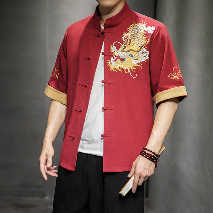 Buddha Stonesカエルボタン 中国龍 吉兆 雲 刺繍 半袖シャツ コットンリネン メンズ 服 - image 18