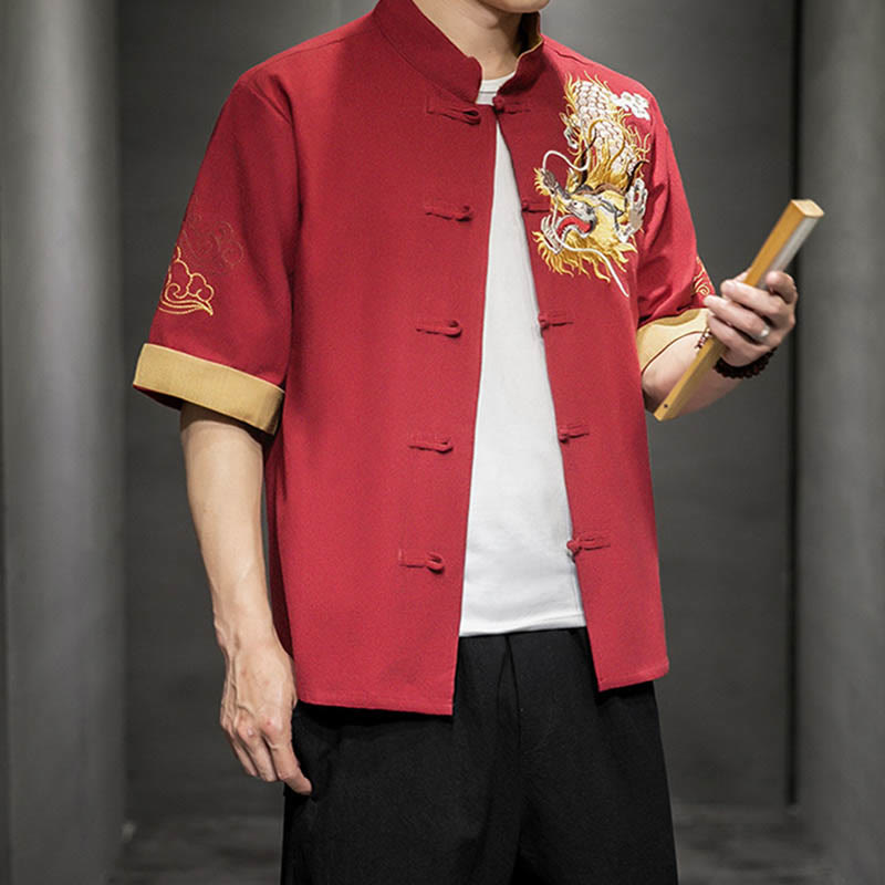 Buddha Stonesカエルボタン 中国龍 吉兆 雲 刺繍 半袖シャツ コットンリネン メンズ 服 - image 15