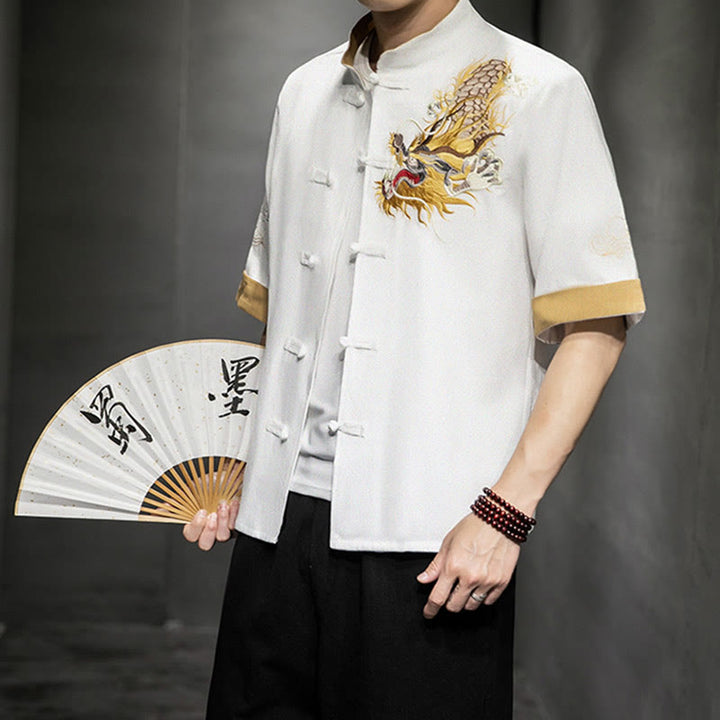 Buddha Stonesカエルボタン 中国龍 吉兆 雲 刺繍 半袖シャツ コットンリネン メンズ 服 - 白 - US/UK/AU44、EU54 (5XL)  - image 20