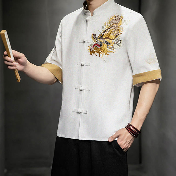 Buddha Stonesカエルボタン 中国龍 吉兆 雲 刺繍 半袖シャツ コットンリネン メンズ 服 - image 24