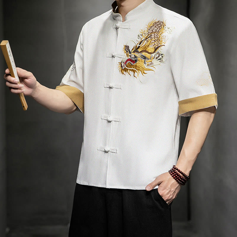 Buddha Stonesカエルボタン 中国龍 吉兆 雲 刺繍 半袖シャツ コットンリネン メンズ 服 - image 24