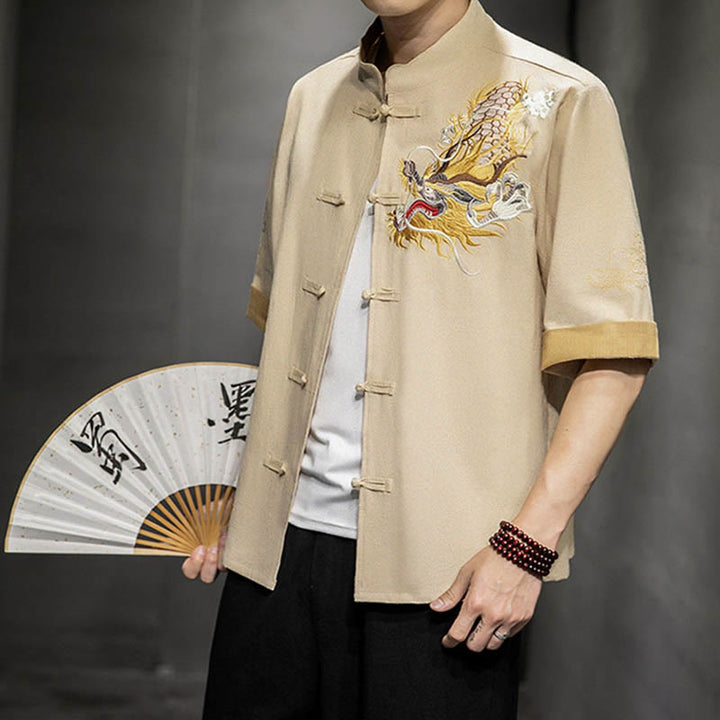 Buddha Stonesカエルボタン 中国龍 吉兆 雲 刺繍 半袖シャツ コットンリネン メンズ 服 - リネン - US/UK/AU44、EU54 (5XL)  - image 26