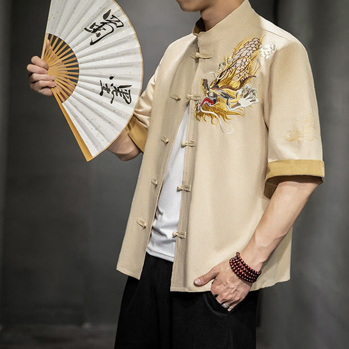 Buddha Stonesカエルボタン 中国龍 吉兆 雲 刺繍 半袖シャツ コットンリネン メンズ 服 - image 29