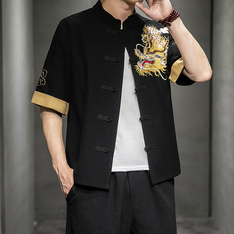 Buddha Stonesカエルボタン 中国龍 吉兆 雲 刺繍 半袖シャツ コットンリネン メンズ 服 - image 3