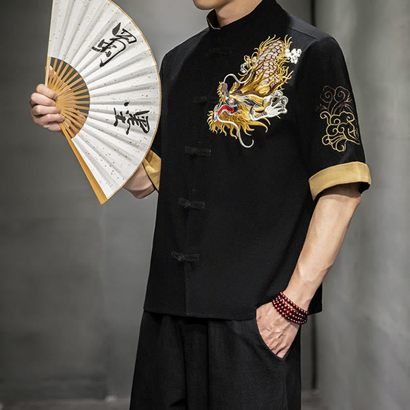 Buddha Stonesカエルボタン 中国龍 吉兆 雲 刺繍 半袖シャツ コットンリネン メンズ 服 - image 4