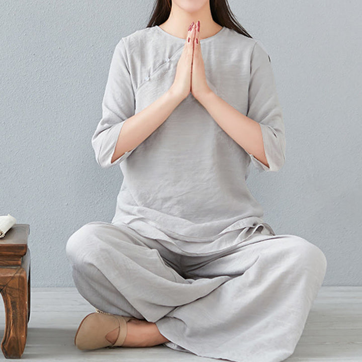 Buddha Stones 2点セット 七分袖 長袖シャツ ワイドレッグパンツ 瞑想用 コットンリネン 衣類 レディース セット - ゲインズボロ - 七分袖 - US8-10、 UK/AU12-14、EU40-42 (3XL) - image 26