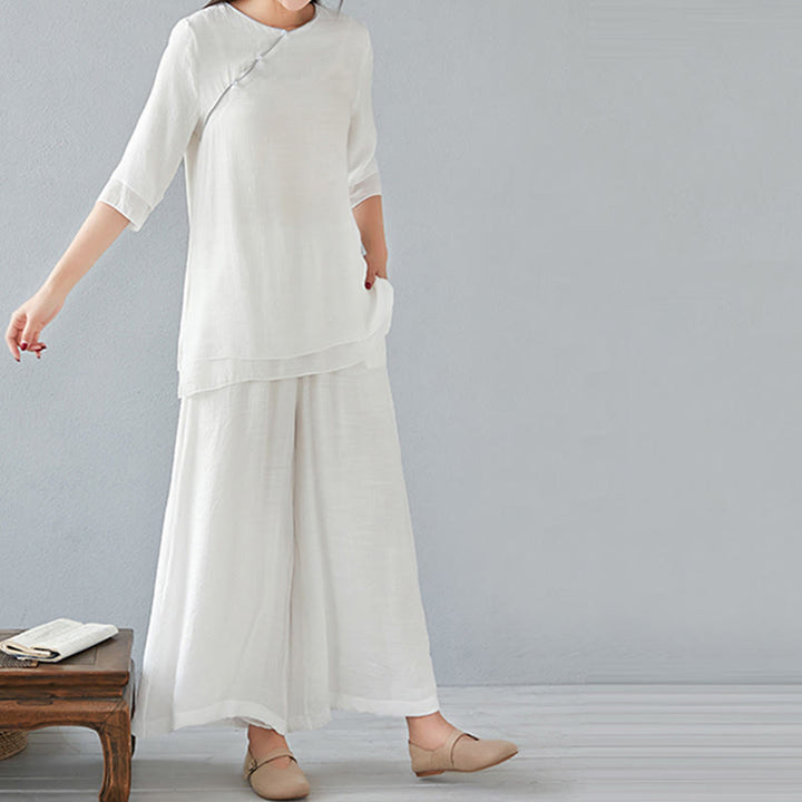 Buddha Stones 2点セット 七分袖 長袖シャツ ワイドレッグパンツ 瞑想用 コットンリネン 衣類 レディース セット - image 8