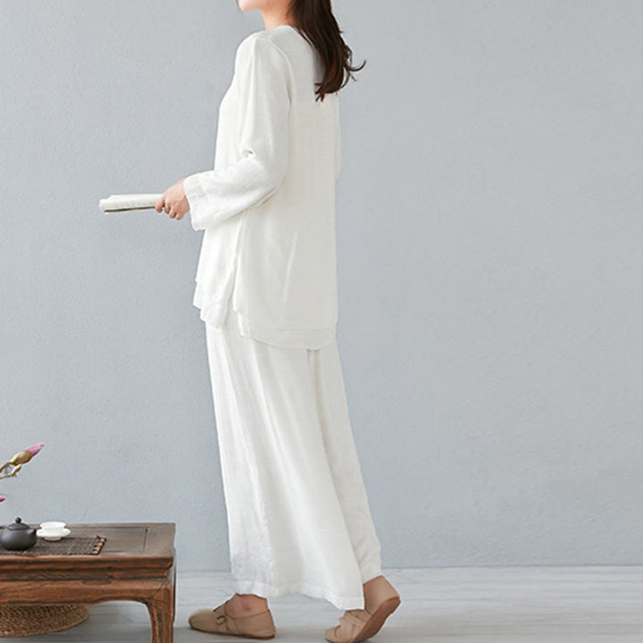 Buddha Stones 2点セット 七分袖 長袖シャツ ワイドレッグパンツ 瞑想用 コットンリネン 衣類 レディース セット - image 2