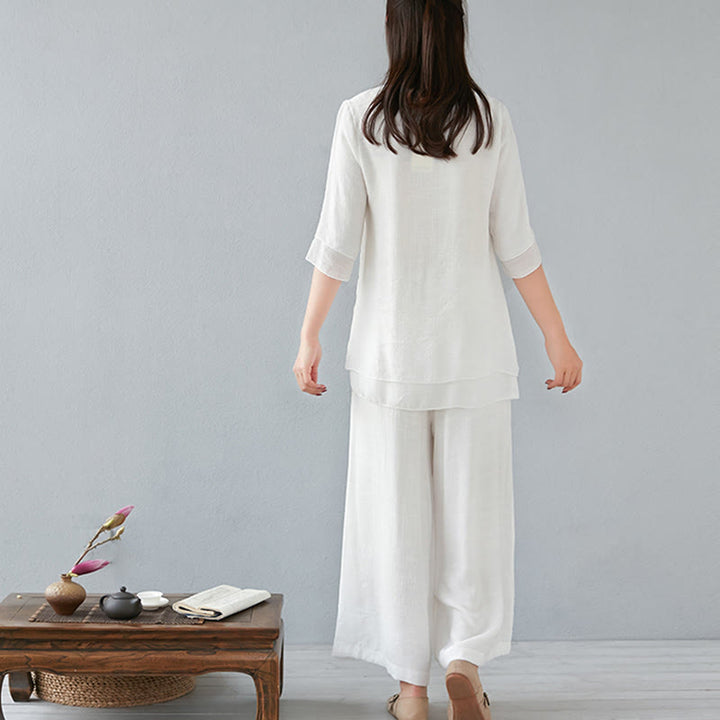 Buddha Stones 2点セット 七分袖 長袖シャツ ワイドレッグパンツ 瞑想用 コットンリネン 衣類 レディース セット - image 10