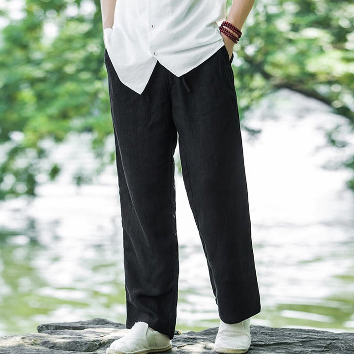 Buddha Stones メンズ コットンリネン 無地 ワイドパンツ ゆったり ポケット付き - 黒 - US/UK/AU50、EU60（5XL） - image 5
