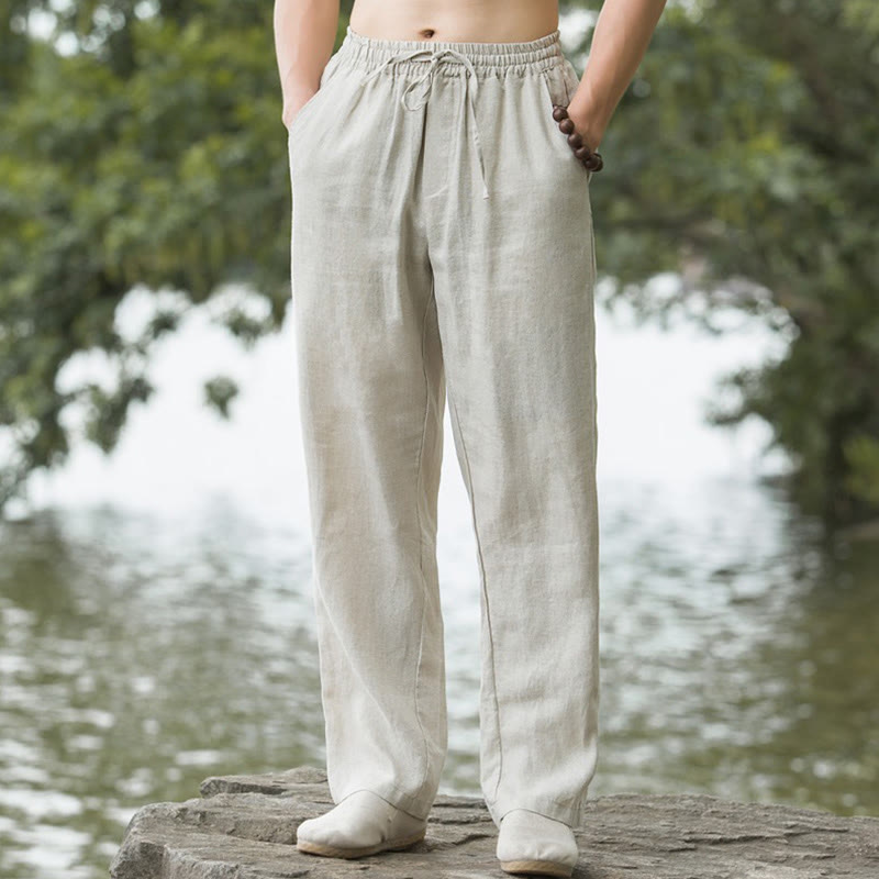Buddha Stones メンズ コットンリネン 無地 ワイドパンツ ゆったり ポケット付き - リネン - US/UK/AU50、EU60（5XL） - image 1