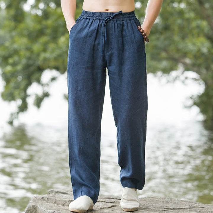 Buddha Stones メンズ コットンリネン 無地 ワイドパンツ ゆったり ポケット付き - スティールブルー - US/UK/AU50、EU60（5XL） - image 6