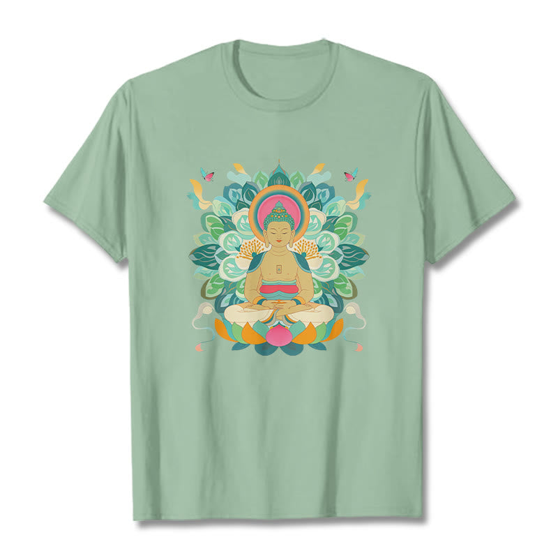 Buddha Stones、蝶、蓮、仏陀風Tシャツ - ペールグリーン - 2XL - image 14