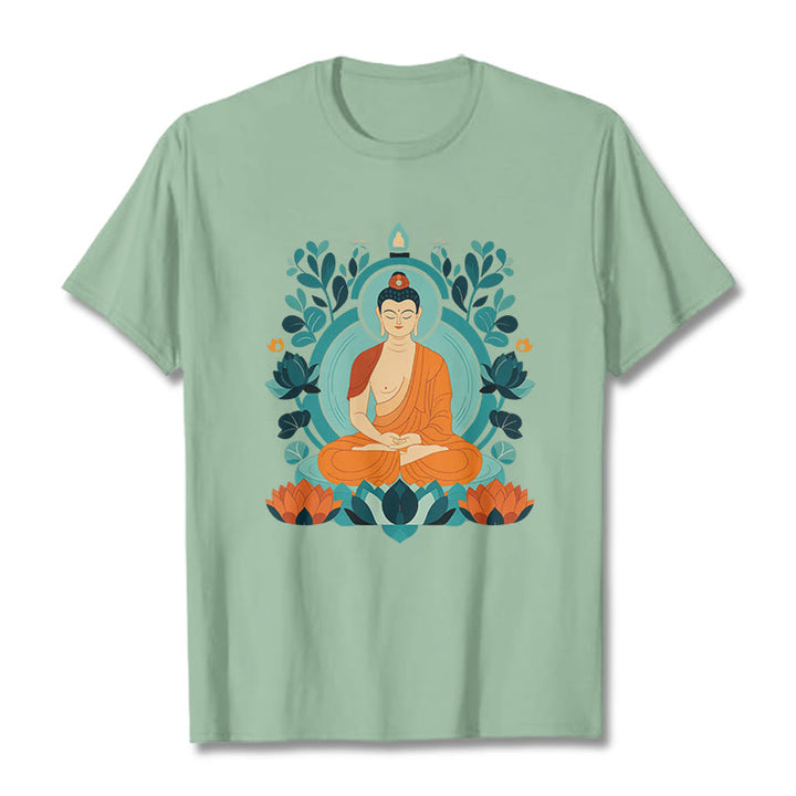 Buddha Stones、蓮仏瞑想Tシャツ - ペールグリーン - 2XL - image 1