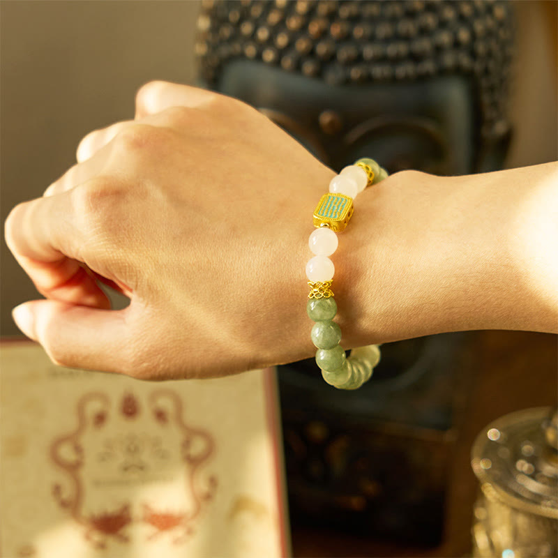 Buddha Stones天然緑翡翠 白瑪瑙 五経 豊穣のブレスレット