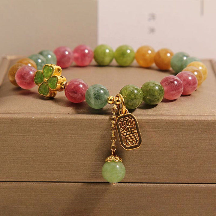 Buddha Stonesトルマリン翡翠のカラフルな四つ葉のクローバーのポジティブなブレスレット