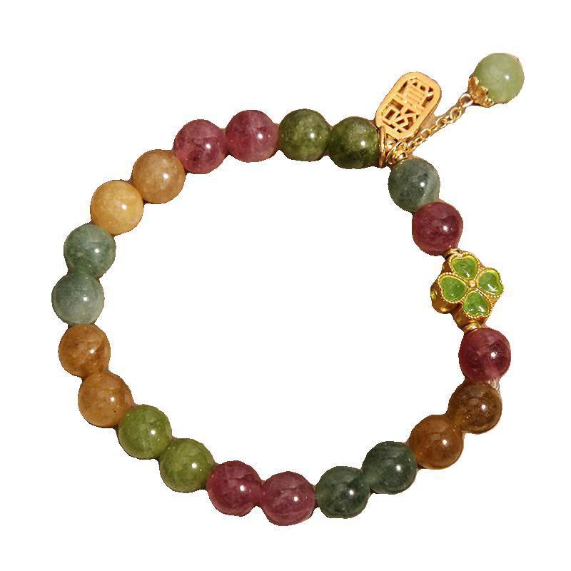 Buddha Stonesトルマリン翡翠のカラフルな四つ葉のクローバーのポジティブなブレスレット