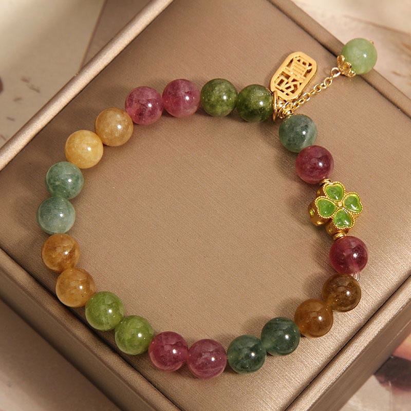 Buddha Stonesトルマリン翡翠のカラフルな四つ葉のクローバーのポジティブなブレスレット