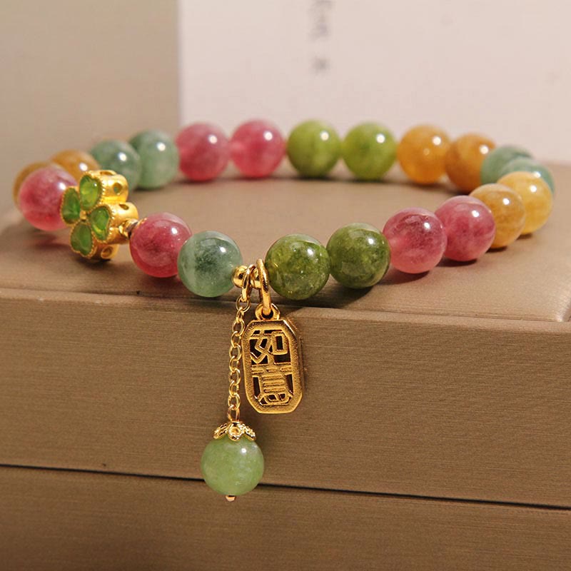 Buddha Stonesトルマリン翡翠のカラフルな四つ葉のクローバーのポジティブなブレスレット