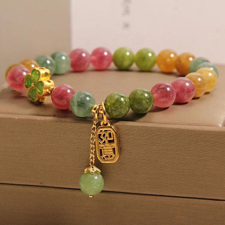 Buddha Stonesトルマリン翡翠のカラフルな四つ葉のクローバーのポジティブなブレスレット