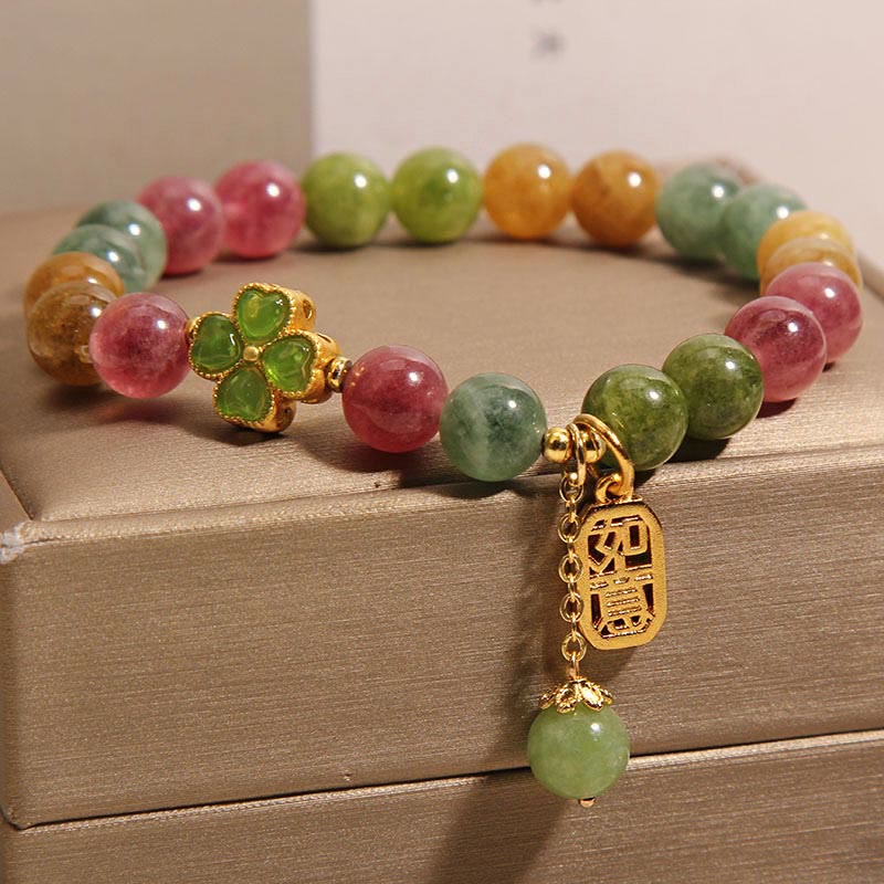 Buddha Stonesトルマリン翡翠のカラフルな四つ葉のクローバーのポジティブなブレスレット