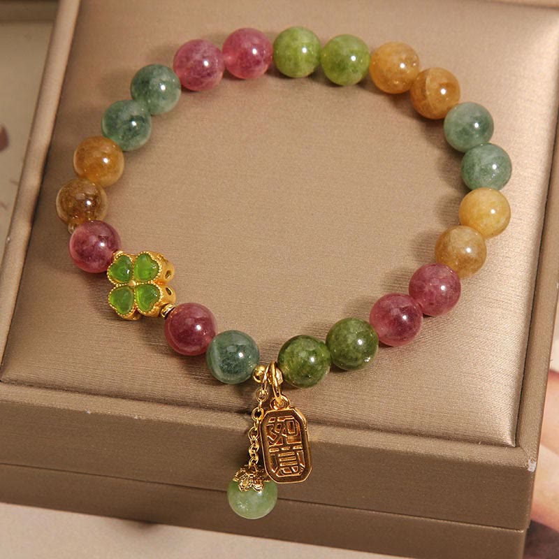Buddha Stonesトルマリン翡翠のカラフルな四つ葉のクローバーのポジティブなブレスレット