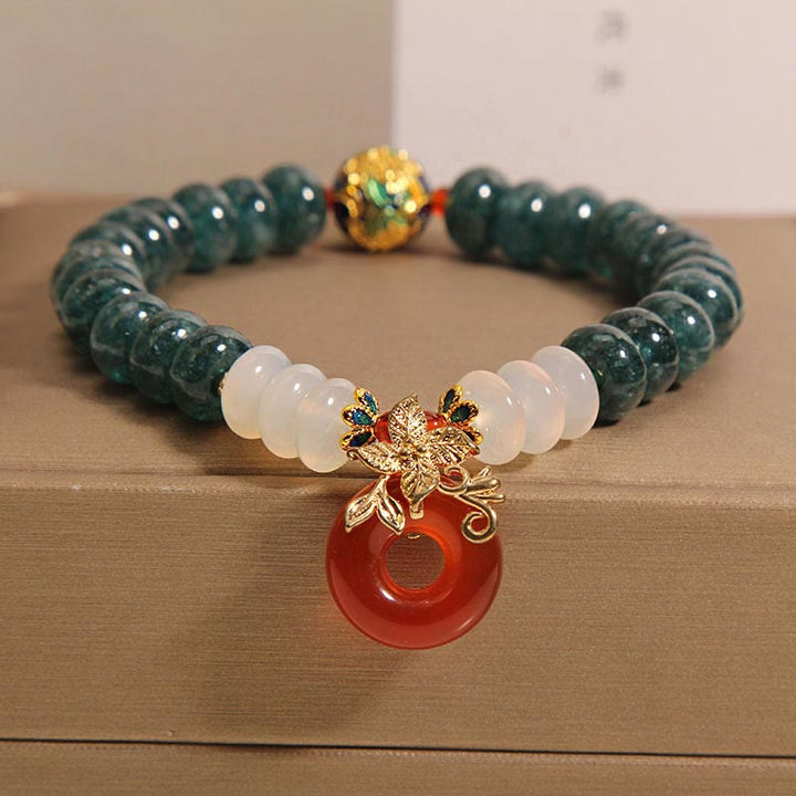 Buddha Stones翡翠 白瑪瑙 赤瑪瑙 平和バックル そろばんビーズ 幸運ブレスレット