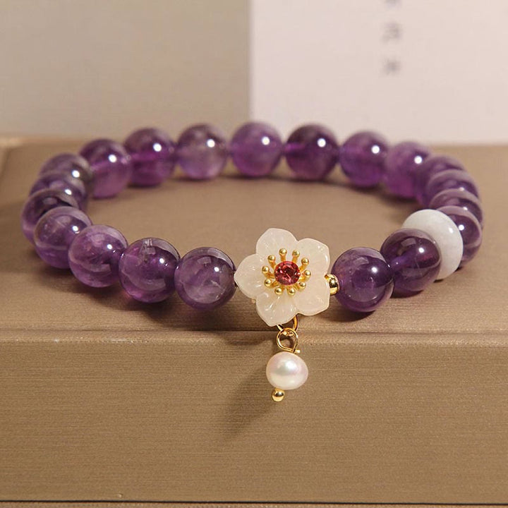 Buddha Stones天然アメジストホワイトアゲートパールチャームバランスブレスレット
