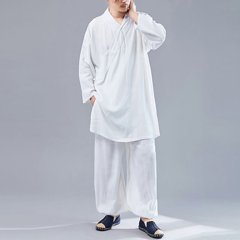 Buddha Stones 2点 Vネック メンズ 長袖シャツ トップパンツ 瞑想 禅 太極拳 コットンリネン 衣類セット - image 1