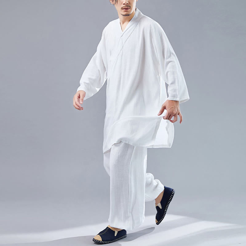 Buddha Stones 2点 Vネック メンズ 長袖シャツ トップパンツ 瞑想 禅 太極拳 コットンリネン 衣類セット - image 3