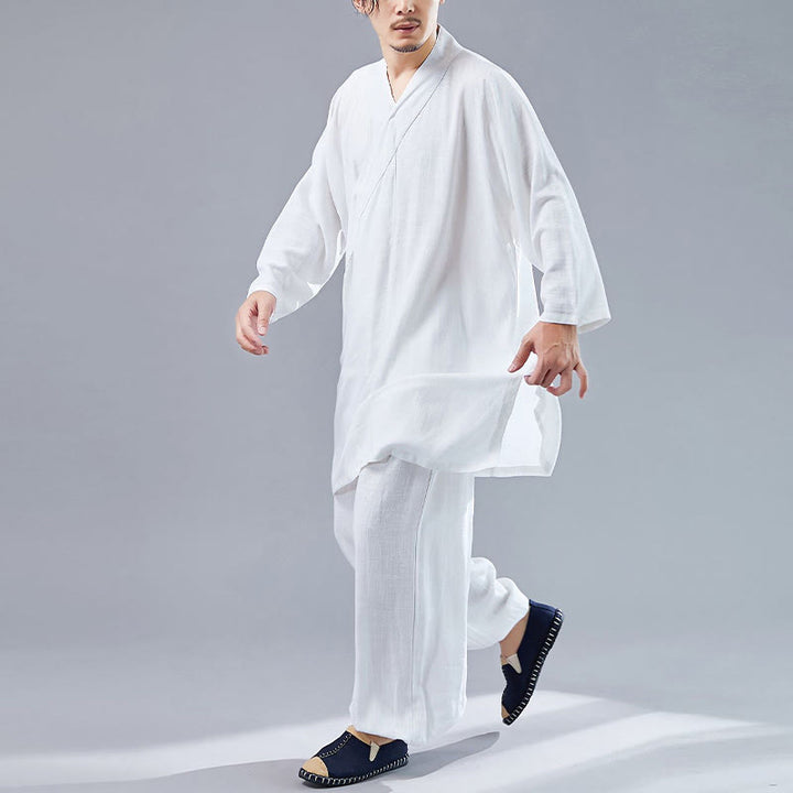 Buddha Stones 2点 Vネック メンズ 長袖シャツ トップパンツ 瞑想 禅 太極拳 コットンリネン 衣類セット - image 3